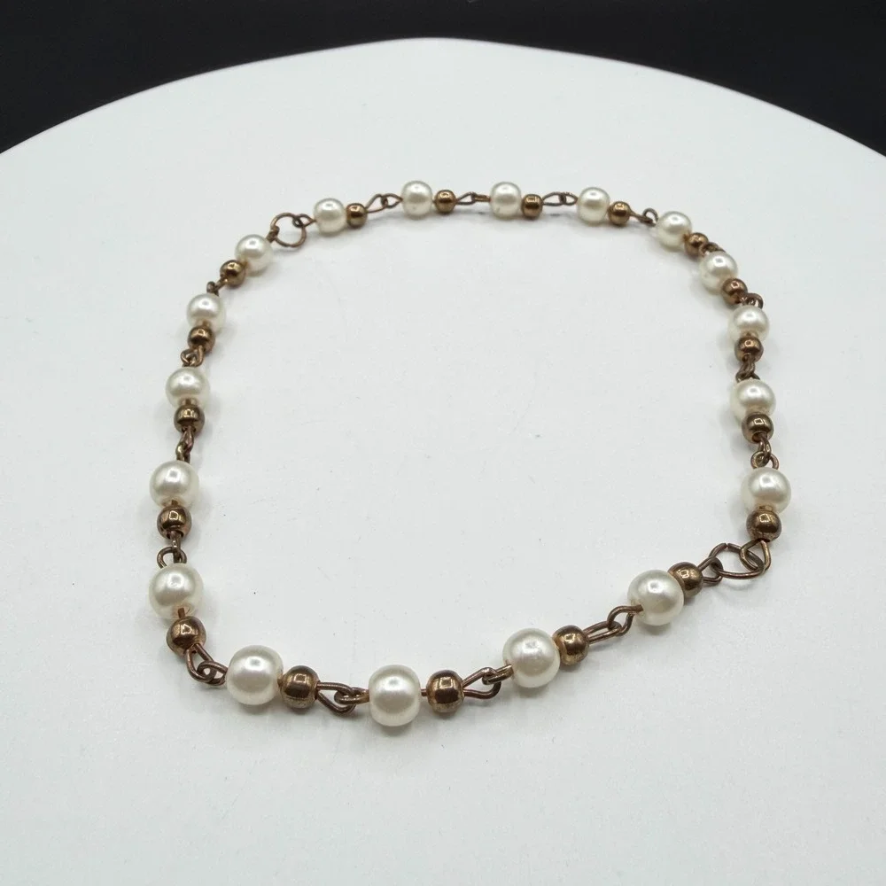 Faux Pearl Bronze Tone Link Chain Bracelet Coquette Romantic Boho Jewelry Gift